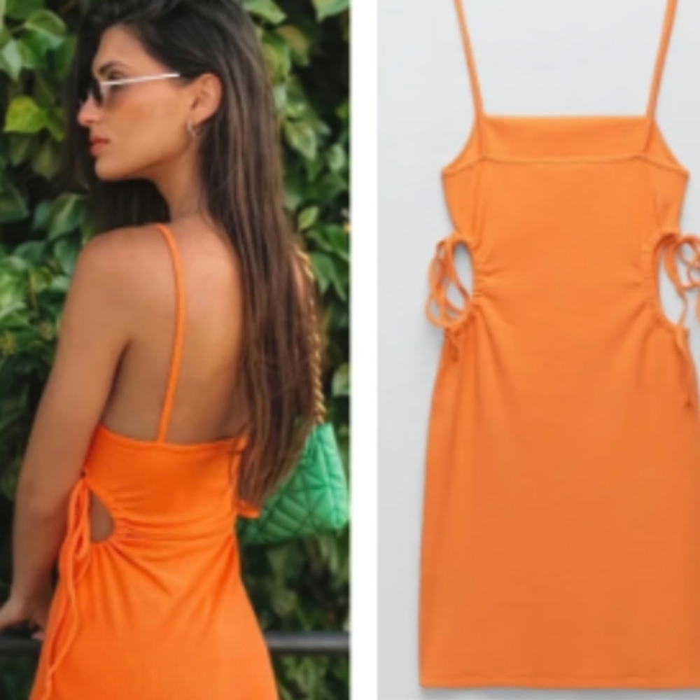 Zara Orange Cut Out Ribbed Tie Mini Dress Like New Size Small